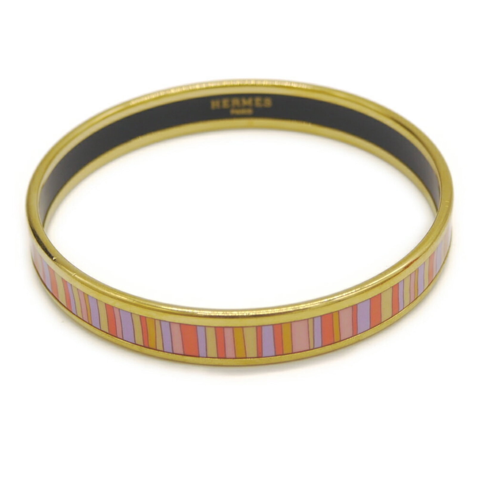 Hermes Bangle Enamel Gold Plating: Hermes Bangle Enamel Gold Plating Enamel gold plating adorns this vibrant multi-color bangle, adding a pop of color to any outfit. Measuring 19.5cm in length and 9.5mm in width, it's a statement