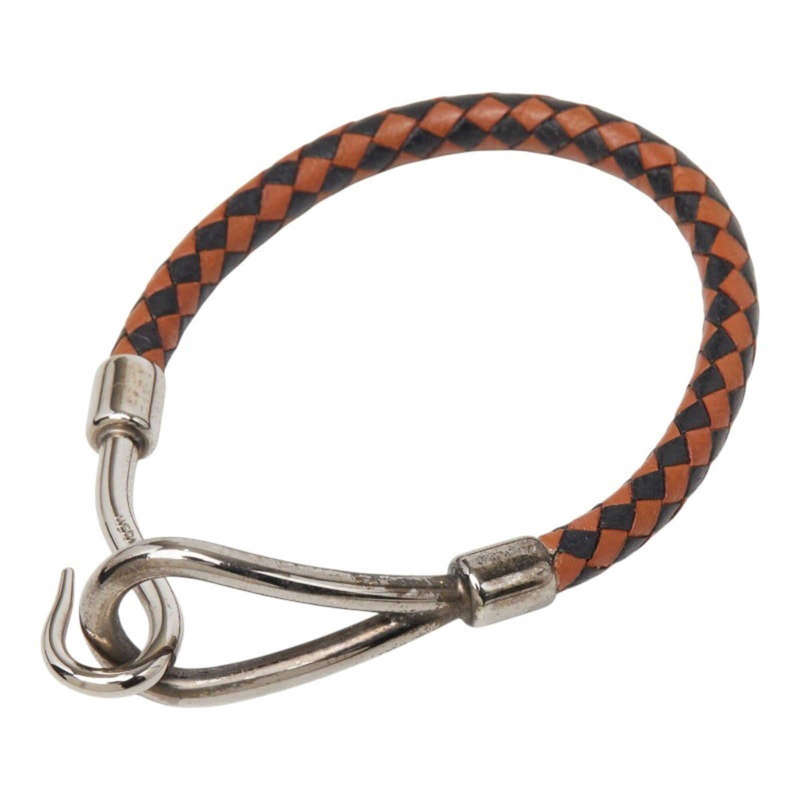 Metal leather bracelet charm Hermes: Metal leather bracelet charm Hermes Brown leather and silver metal charm bracelet from Hermes, measuring 18cm in total length with a 5mm width. The bracelet features a 14.5cm long chain with a brown l
