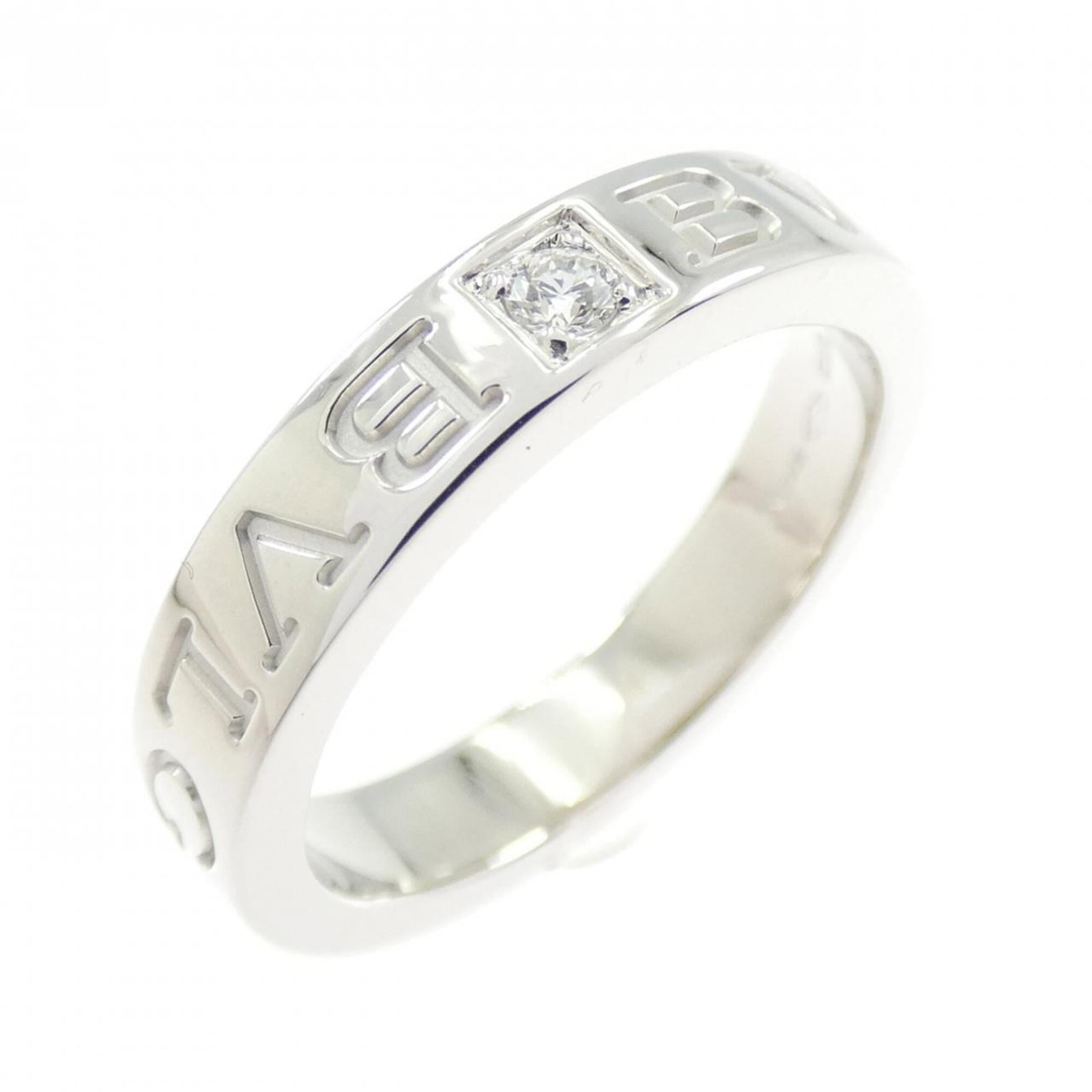 White Gold Bvlgari Ring Band: White Gold Bvlgari Ring Band White gold Bvlgari ring band with diamond stone, available in US size 6. This elegant band features 18K white gold material and a sleek design. A beautiful option for thos
