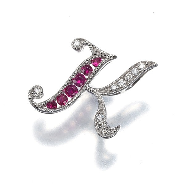 Ruby 0.12Ct Diamond 0.04Ct Alphabet Initial K Pendant 18K 750 White Gold (1 of 3)