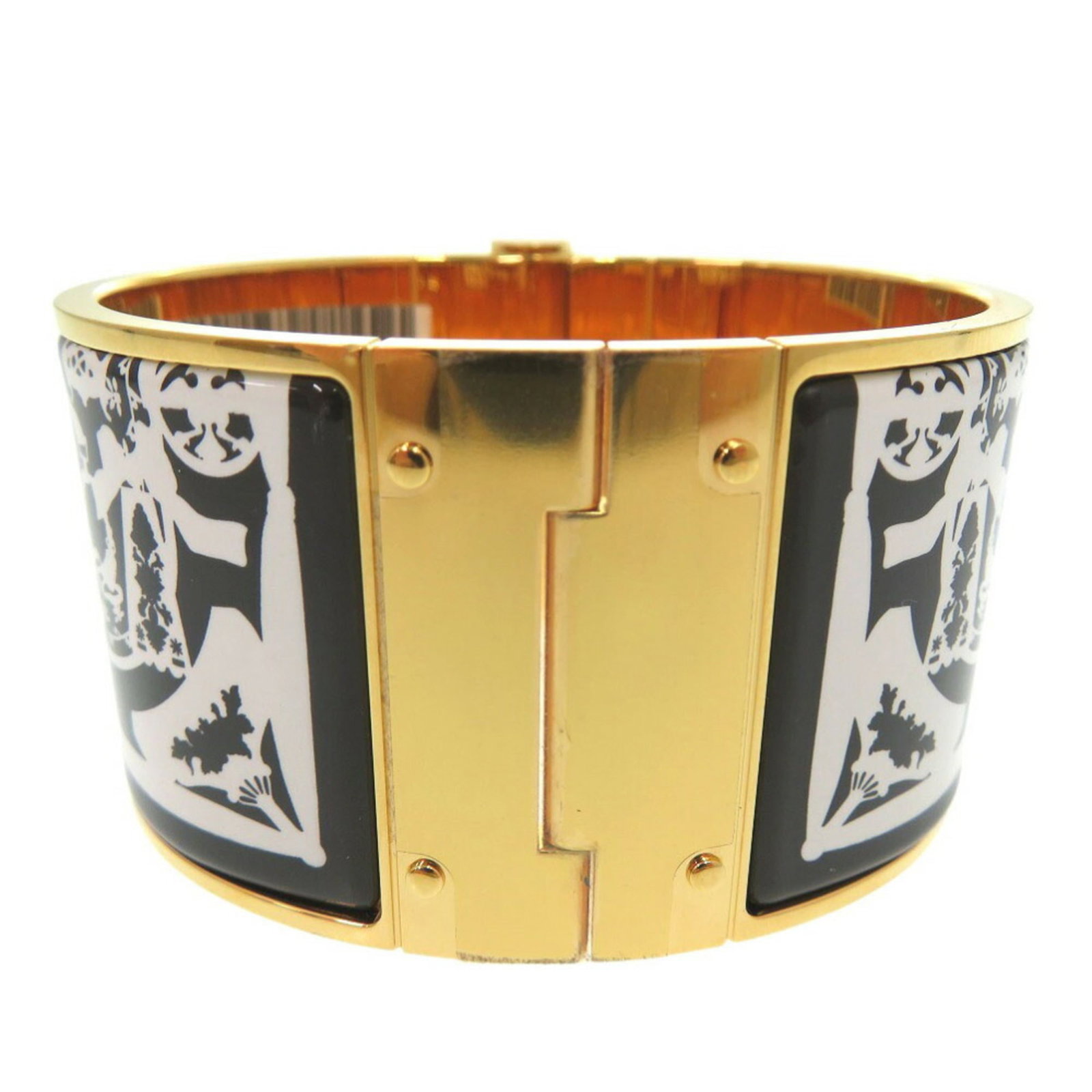 Hermes Bangle Enamel Metal: Hermes Bangle Enamel Metal The Hermes Bangle Enamel Metal boasts a sleek gold finish and elegant design, measuring 17cm in length with a width of 3.5cm. Crafted from enamel and metal, this bangle show
