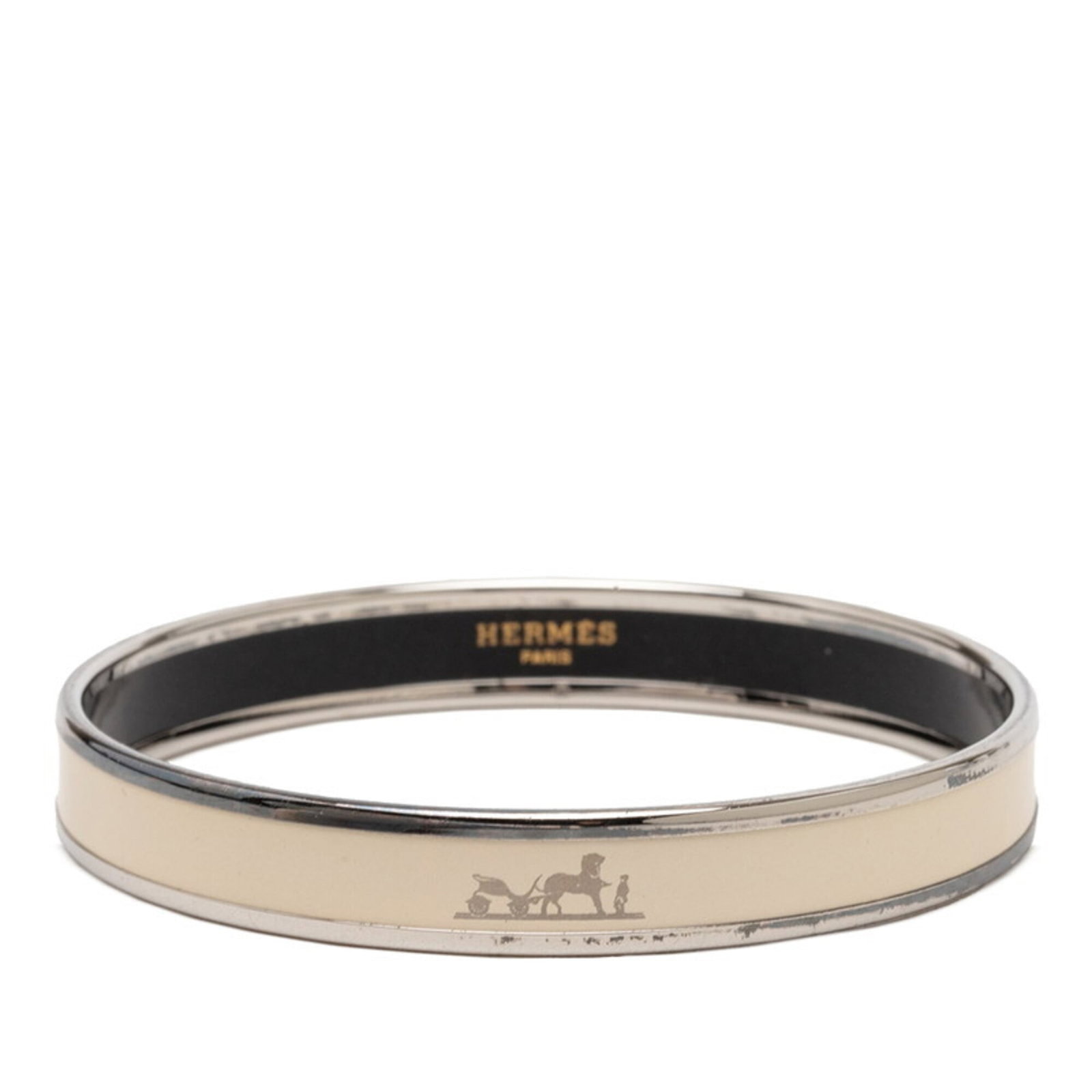Metal Enamel Charm Bracelet by Hermes: Metal Enamel Charm Bracelet by Hermes Metal Enamel Charm Bracelet by Hermes features intricate enamel work and a sleek silver finish, adding an elegant touch to any outfit. Measuring 20cm in length,