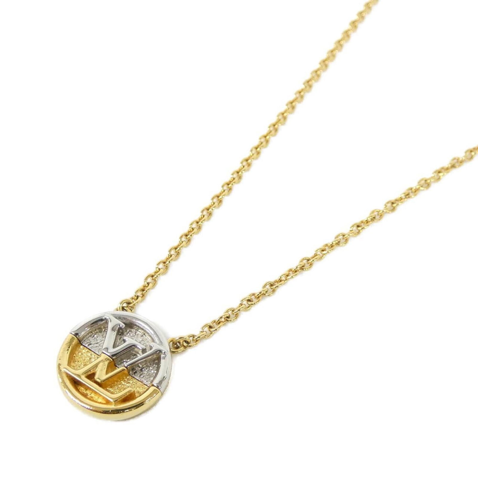 L to v m69643 collier necklace by louis vuitton: L to v m69643 collier necklace by louis vuitton Gold and Silver L to v m69643 collier necklace by Louis Vuitton, featuring a delicate pendant with dimensions of 1.4mm x 1.4mm. The necklace has a neck