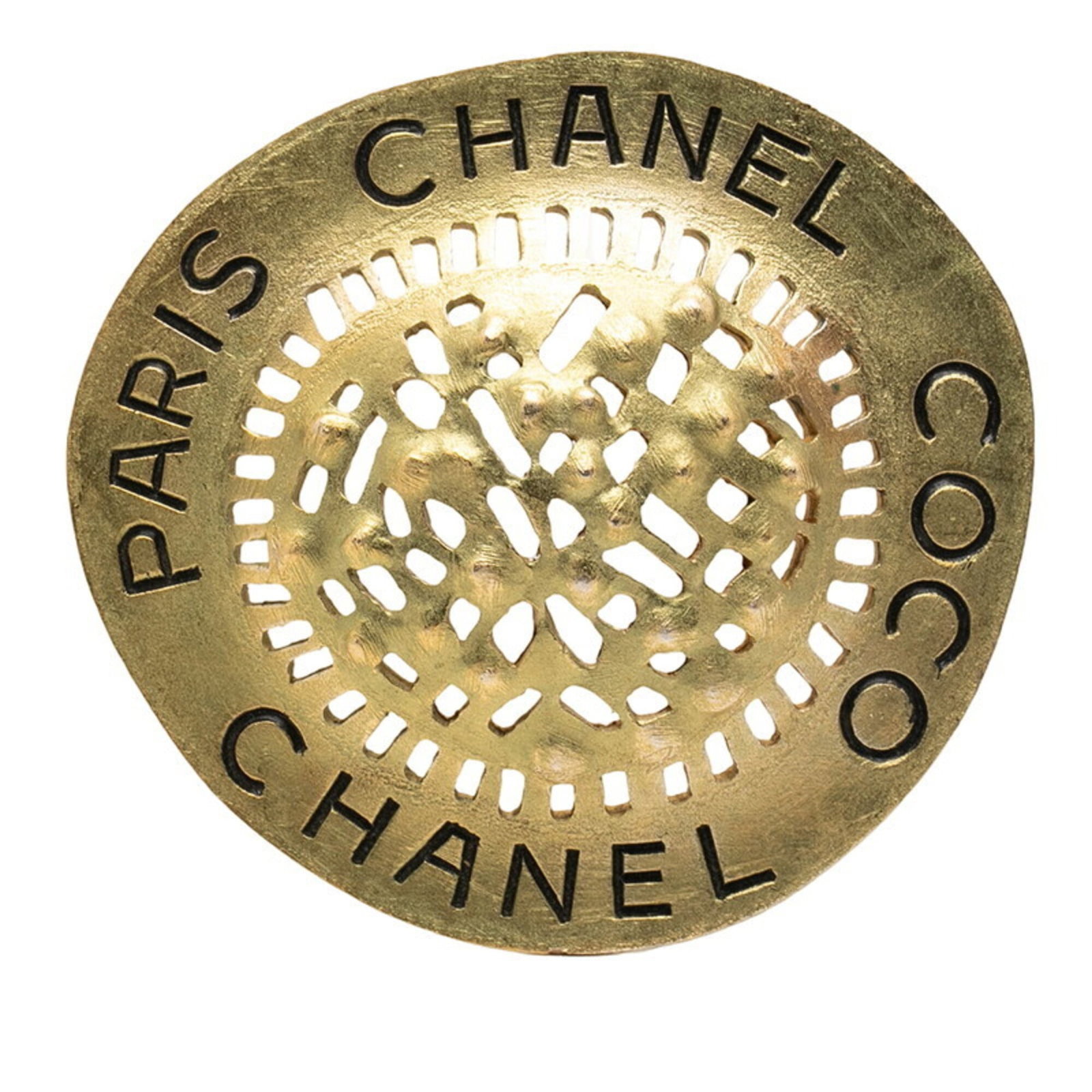 Chanel Brooch: Chanel Brooch This gold Chanel brooch boasts a sleek design, measuring 6.6cm x 7.1cm in size. The elegant piece features a striking presence, making it a beautiful addition to any collection. With its