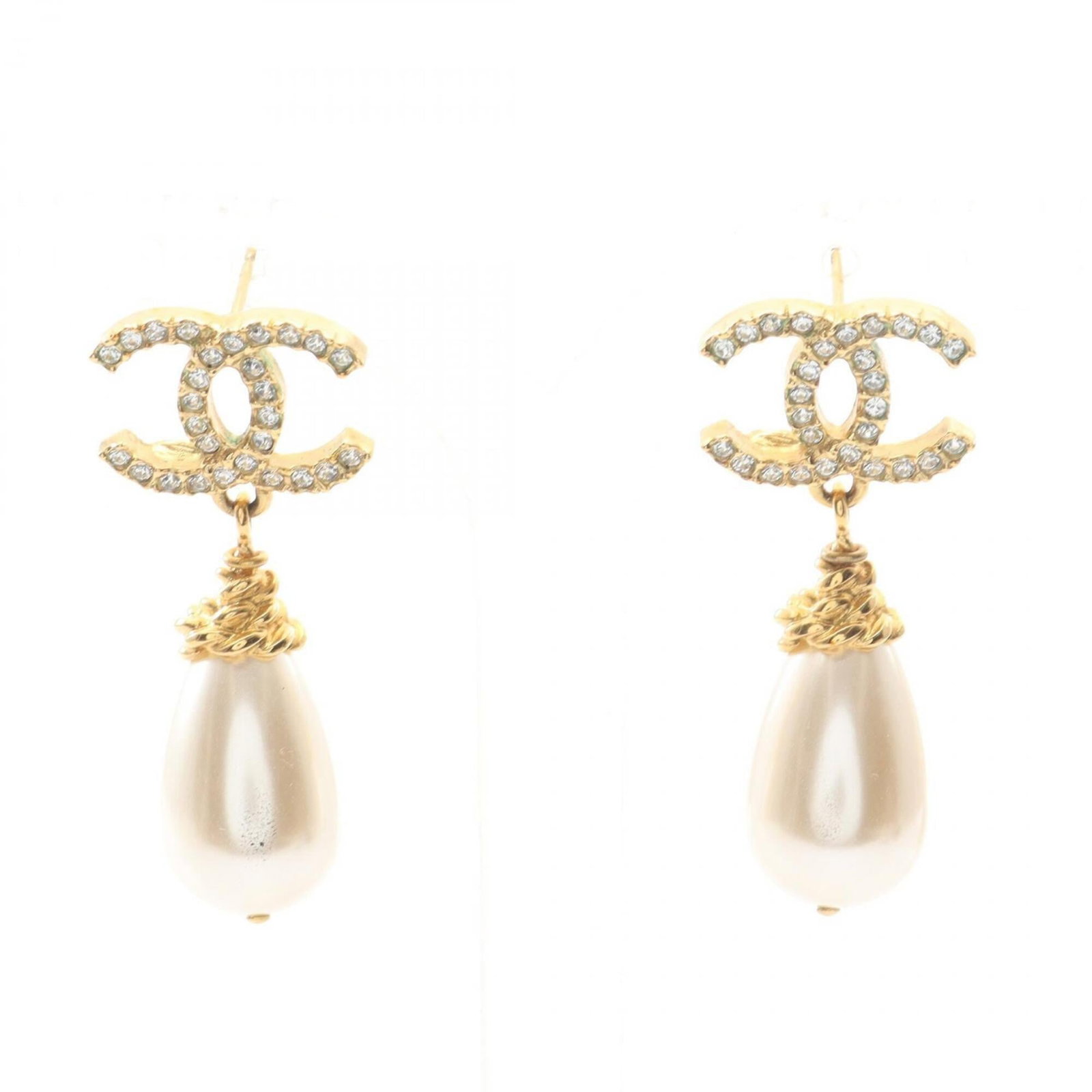 Chanel Stud Earrings Gold Rhinestone: Chanel Stud Earrings Gold Rhinestone Gold and rhinestone stud earrings from Chanel, bearing the brand's MPN AB5559. The earrings feature clear, gold, and white stones in a sleek design, measuring 40mm