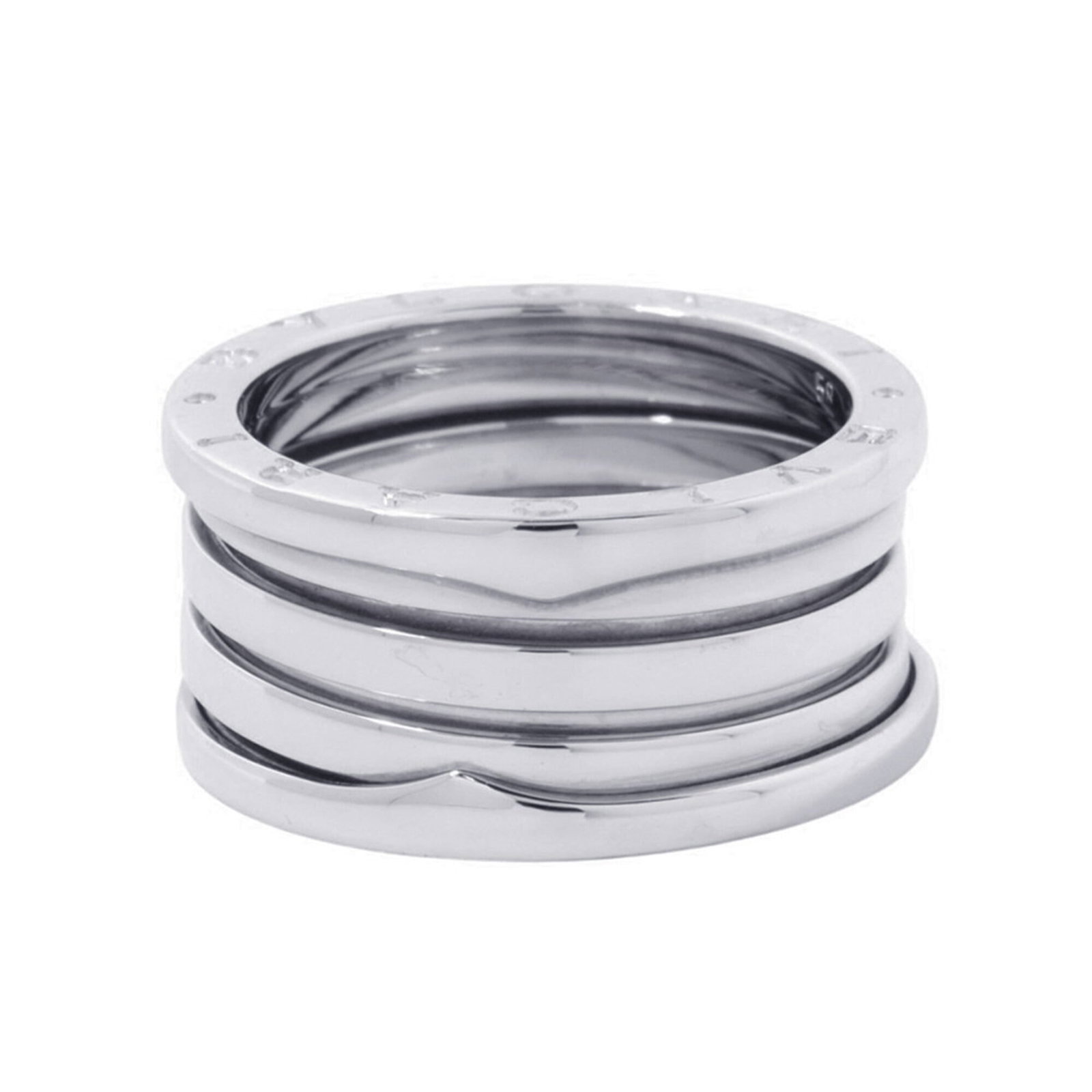 White Gold Bvlgari Ring Band: White Gold Bvlgari Ring Band White gold (18K) band ring from Bvlgari, Italy. This 58 US size 9 ring features the iconic Italian brand's signature style, crafted from high-quality white gold for a slee