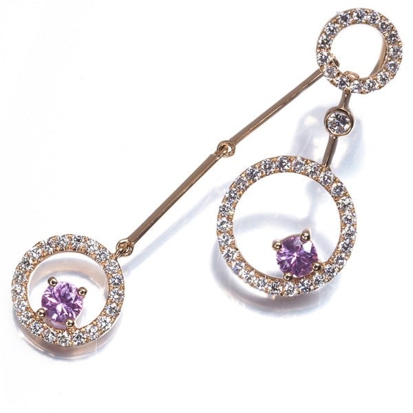 Pink Sapphire 0.54Ct Diamond 0.66Ct Triple Circle Drop Pendant 18K Pg: Pink Sapphire 0.54Ct Diamond 0.66Ct Triple Circle Drop Pendant 18K Pg Rose gold pendant featuring a stunning triple circle drop design, adorned with a natural pink sapphire and two sparkling diamonds.