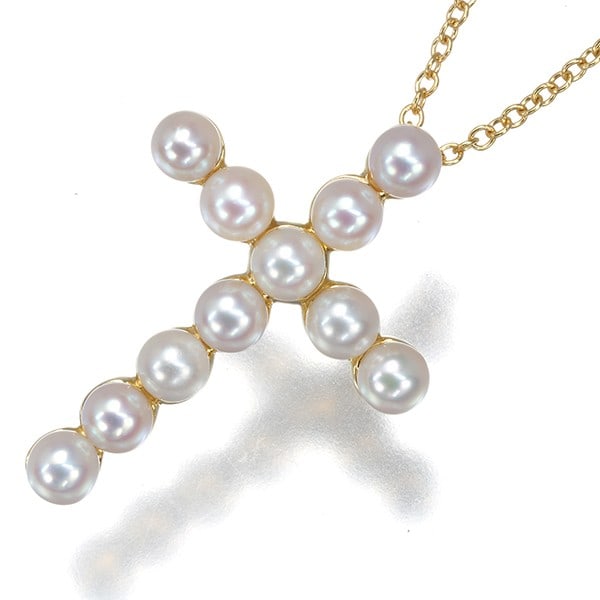 Tiffany&Co. Necklace Baby Pearl 3.0Mm Cross 18K 750 Yellow Gold: Tiffany&Co. Necklace Baby Pearl 3.0Mm Cross 18K 750 Yellow Gold Yellow gold pendant featuring a cultured pearl, measuring approximately 3.0mm in size, suspended from an 18k yellow gold chain with a le