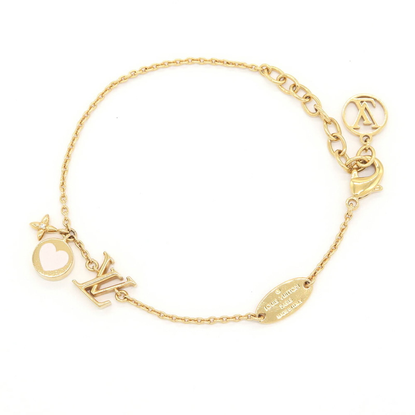 Charm Bracelet Louis Vuitton Enamel Metal: Charm Bracelet Louis Vuitton Enamel Metal Gold and pink enamel come together in a stunning Louis Vuitton charm bracelet, measuring between 15cm to 18cm in length. This Italian-made piece showcases the