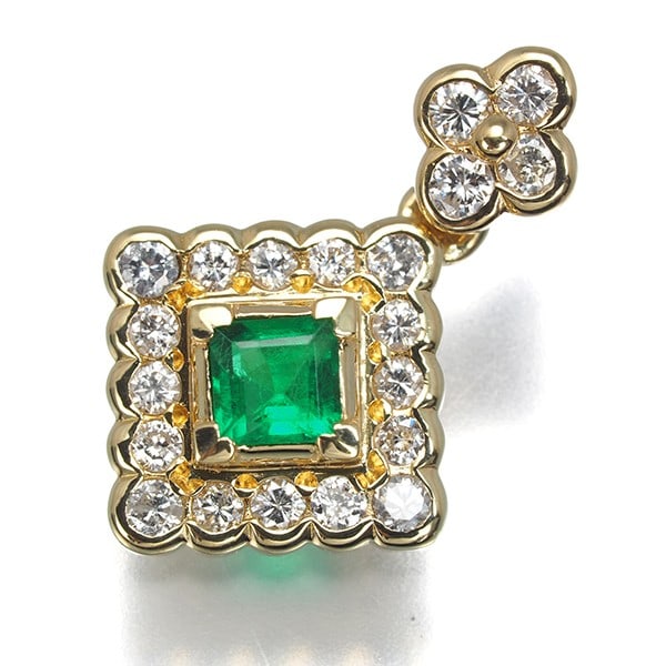 Emerald 0.23Ct Diamond 0.30Ct Drop Flower Pendant 18K 750 Yellow Gold (1 of 3)