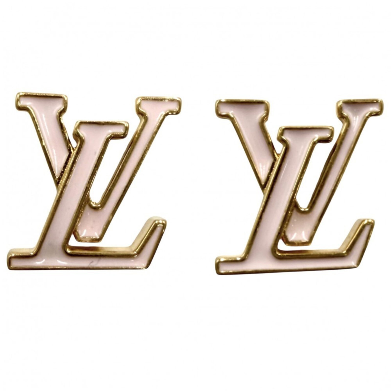 Louis Vuitton Stud Earrings Brass Enamel: Louis Vuitton Stud Earrings Brass Enamel Brass and enamel stud earrings from Louis Vuitton, featuring gold and light pink hues. The earrings measure 12mm in diameter with a thickness of 1mm. Made from