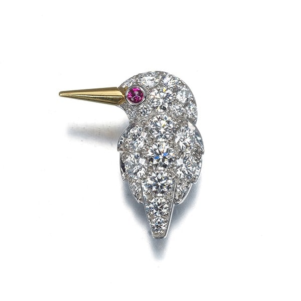 Char Brooch Diamond 0.63Ct Ruby Kingfisher Bird Pt 950/ 18K Yg: Char Brooch Diamond 0.63Ct Ruby Kingfisher Bird Pt 950/ 18K Yg Char Brooch Diamond 0.63Ct Ruby Kingfisher Bird Pt 950/ 18K Yg - A stunning piece featuring a natural diamond, set in platinum with a str