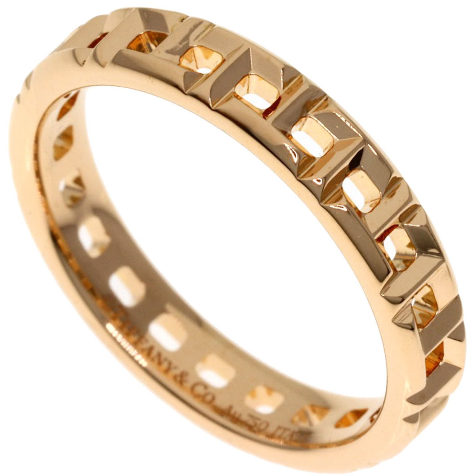 Pink Gold Tiffany Ring Band: Pink Gold Tiffany Ring Band Pink Gold Tiffany Ring Band, made from 18K pink gold, features a classic band ring design. This US size 2.5 ring showcases the elegant style of Tiffany's iconic jewelry. Th