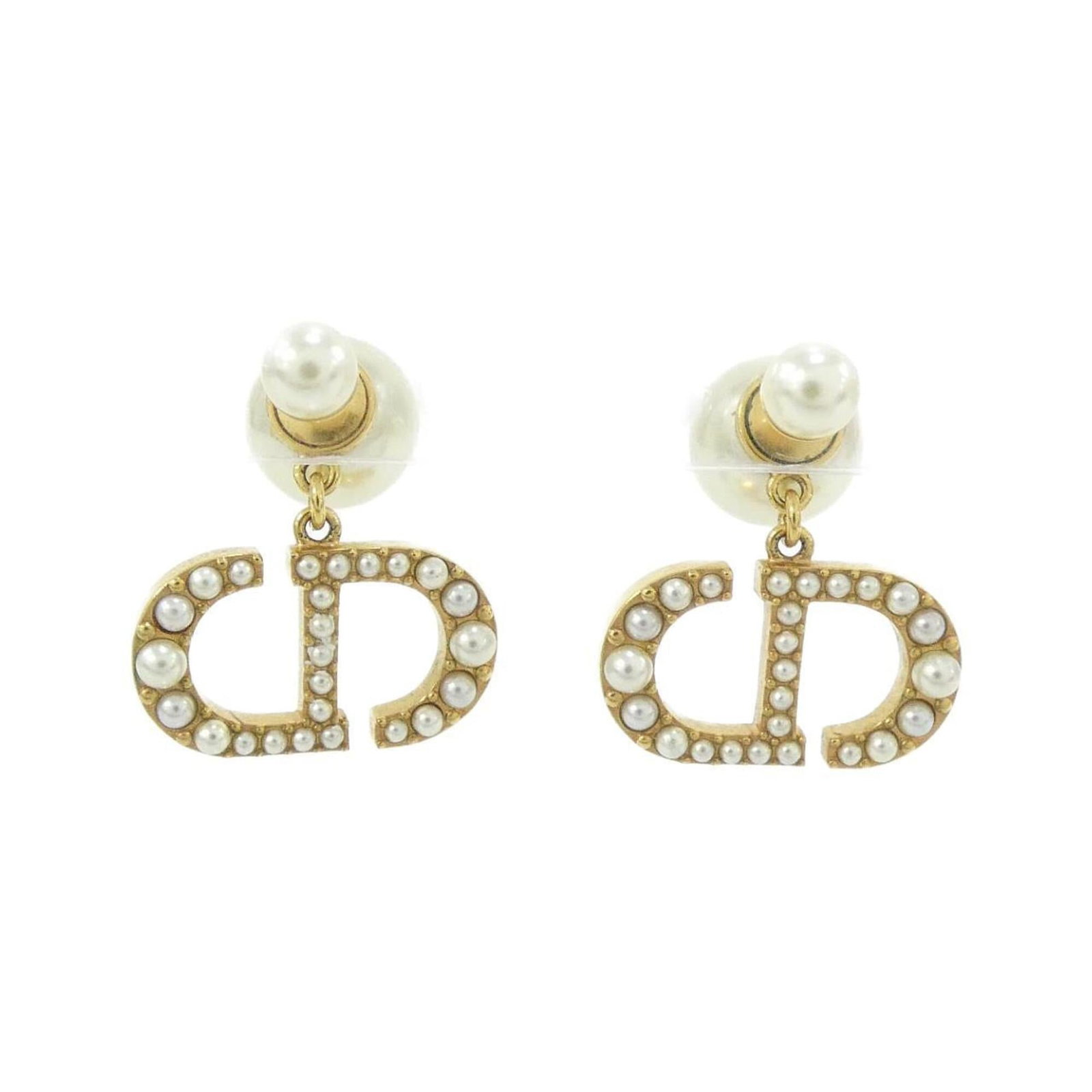 Stud earrings by Christian Dior: Stud earrings by Christian Dior Stud earrings by Christian Dior, featuring gold and white designs, measuring 25.00mm x 24.00mm in size. These elegant stud earrings showcase the signature style of the 