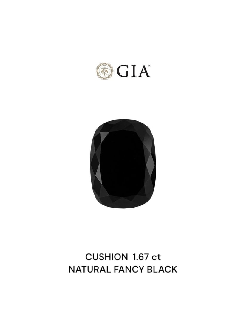 GIA Cushion Brilliant 1.67ct Fancy Black VVS2 - Loose Natural Diamond: GIA Cushion Brilliant 1.67ct Fancy Black VVS2 - Loose Natural Diamond GIA certified, this 1.67ct Fancy Black diamond boasts exceptional clarity and polish, with a VVS2 grade and EX symmetry. Its natur