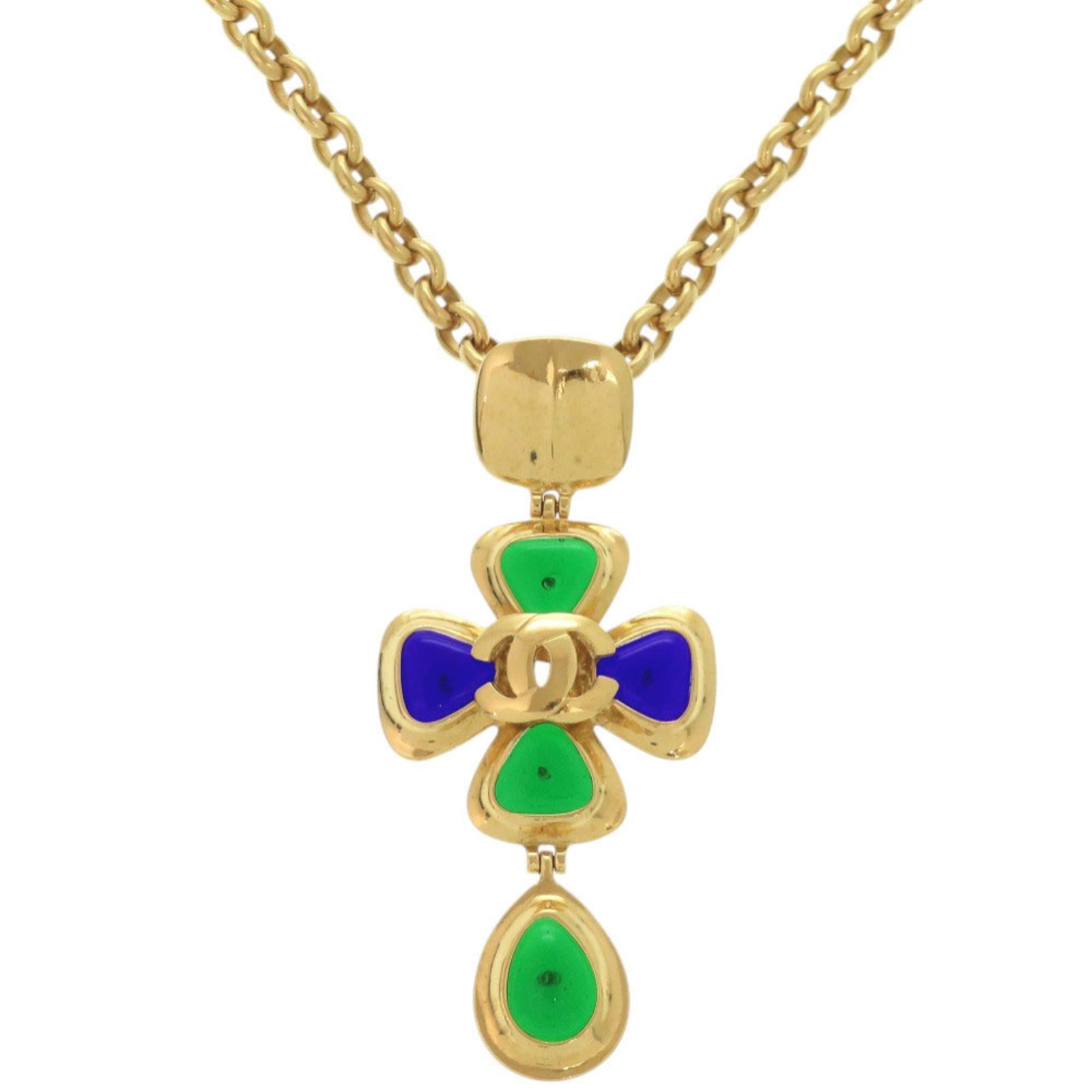Coco Chanel Vintage Metal Color Stone Gold Necklace Gripoir 1299 Like New: Coco Chanel Vintage Metal Color Stone Gold Necklace Gripoir 1299 Like New Coco Chanel's iconic Vintage Metal Color Stone Gold Necklace Gripoir 1299 boasts a striking blue, gold, and green color combin
