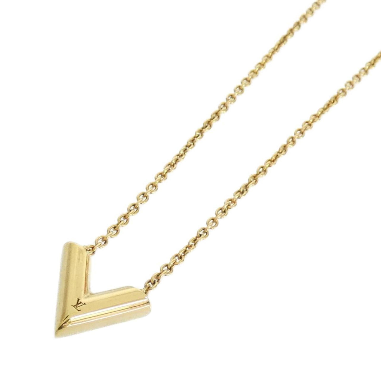 M61083 Louis Vuitton Essential V Necklace: M61083 Louis Vuitton Essential V Necklace The Louis Vuitton Essential V Necklace boasts a sleek, gold design with a signature pendant size and shape. This elegant necklace features a classic style