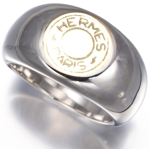 Hermes Ring Clou De Selle Eu53 18K 750 Yellow Gold/ 925 Sterling Silver: Hermes Ring Clou De Selle Eu53 18K 750 Yellow Gold/ 925 Sterling Silver 18k Yellow Gold and Sterling Silver Clou de Selle Ring, EU53 Size. This elegant ring showcases the iconic Clou de Selle design i