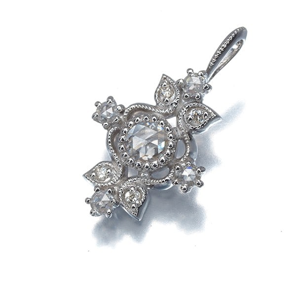 Rose-Cut Diamond 0.10Ct/ 0.09Ct Milgrain Pendant 18K 750 White Gold: Rose-Cut Diamond 0.10Ct/ 0.09Ct Milgrain Pendant 18K 750 White Gold The Rose-Cut Diamond 0.10ct/ 0.09ct Milgrain Pendant in 18K White Gold boasts a delicate design with a natural rose-cut diamond as t