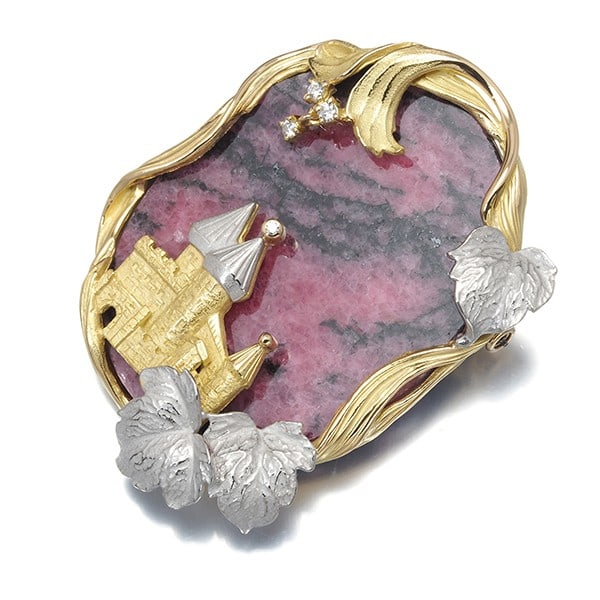 As Time Pendant And Brooch Rhodochrosite Diamond Castle 18K Yg/ Pt 900: As Time Pendant And Brooch Rhodochrosite Diamond Castle 18K Yg/ Pt 900 As Time's As Time Pendant And Brooch showcases a striking combination of natural beauty, featuring a rhodochrosite stone surround