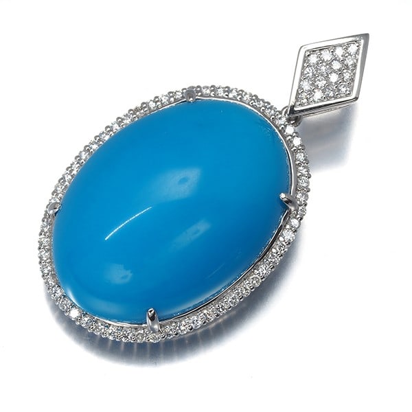 Turquoise 37.80Ct Diamond 0.64Ct Pendant 900 Platinum: Turquoise 37.80Ct Diamond 0.64Ct Pendant 900 Platinum 900 Platinum Turquoise and Diamond Pendant boasts an impressive 37.80ct turquoise stone, carefully set in a platinum pendant with a total of 0.64c