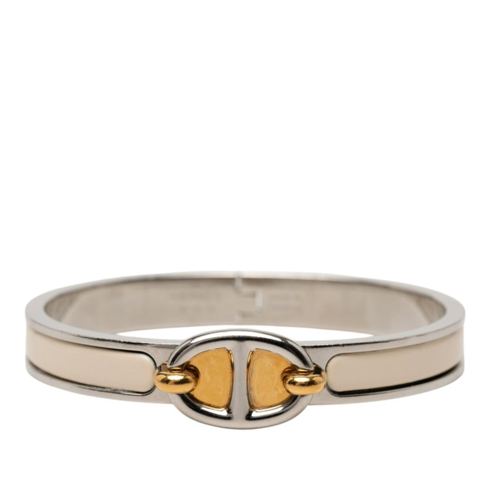 Hermes Bangle Enamel Gold Plating Metal: Hermes Bangle Enamel Gold Plating Metal This Hermes bangle boasts a striking gold plating finish, complemented by elegant enamel details in ivory and silver. The 15.5cm length provides a versatile fit