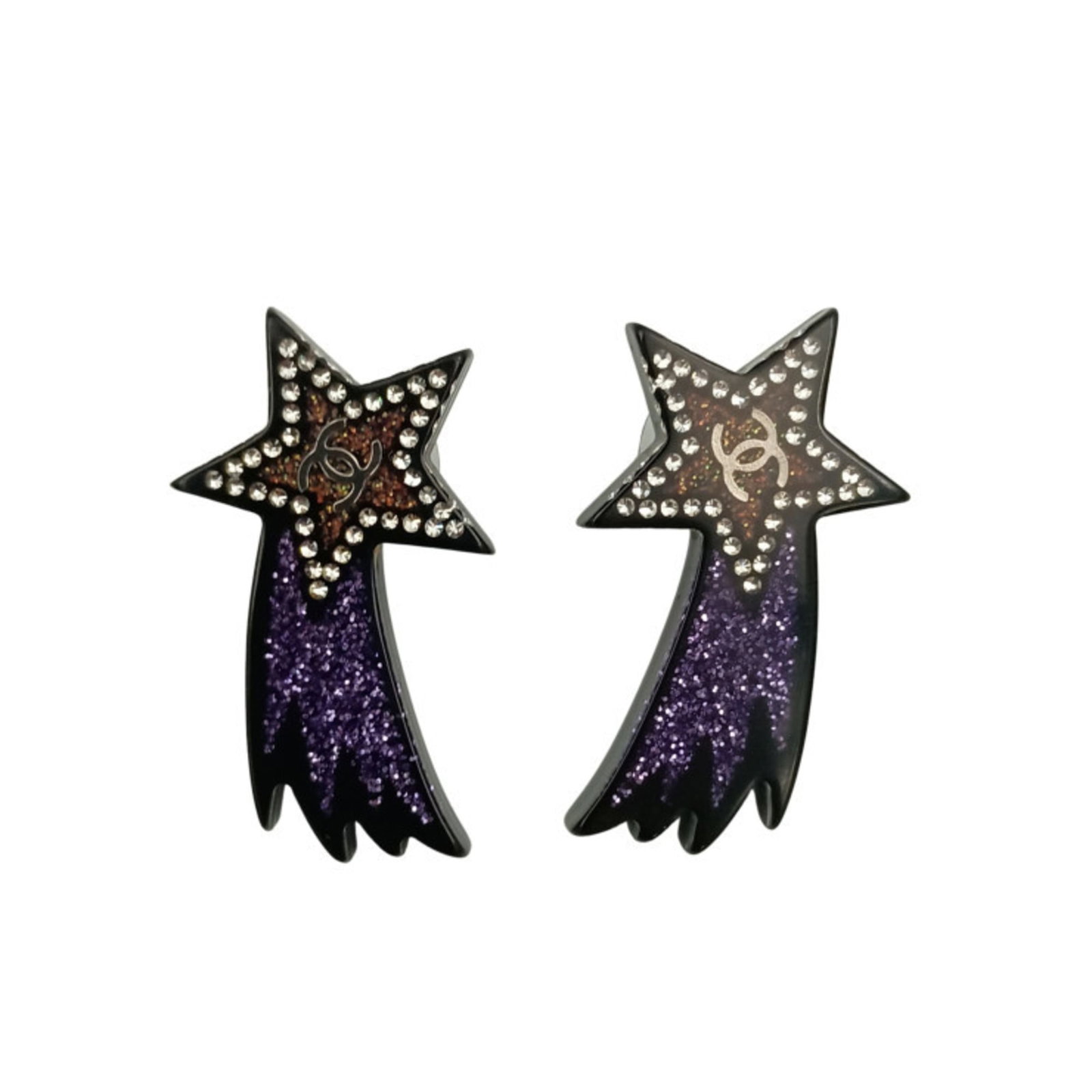 Purple women's earrings silver resin metal glitter star design shooting chanel coco mark: Purple women's earrings silver resin metal glitter star design shooting chanel coco mark Purple women's earrings with silver resin metal glitter star design, bearing the Chanel Coco mark. Made from me