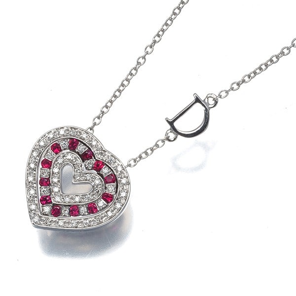 Belle Heart Diamond Ruby 18K White Gold Necklace Epoque Damiani (1 of 5)