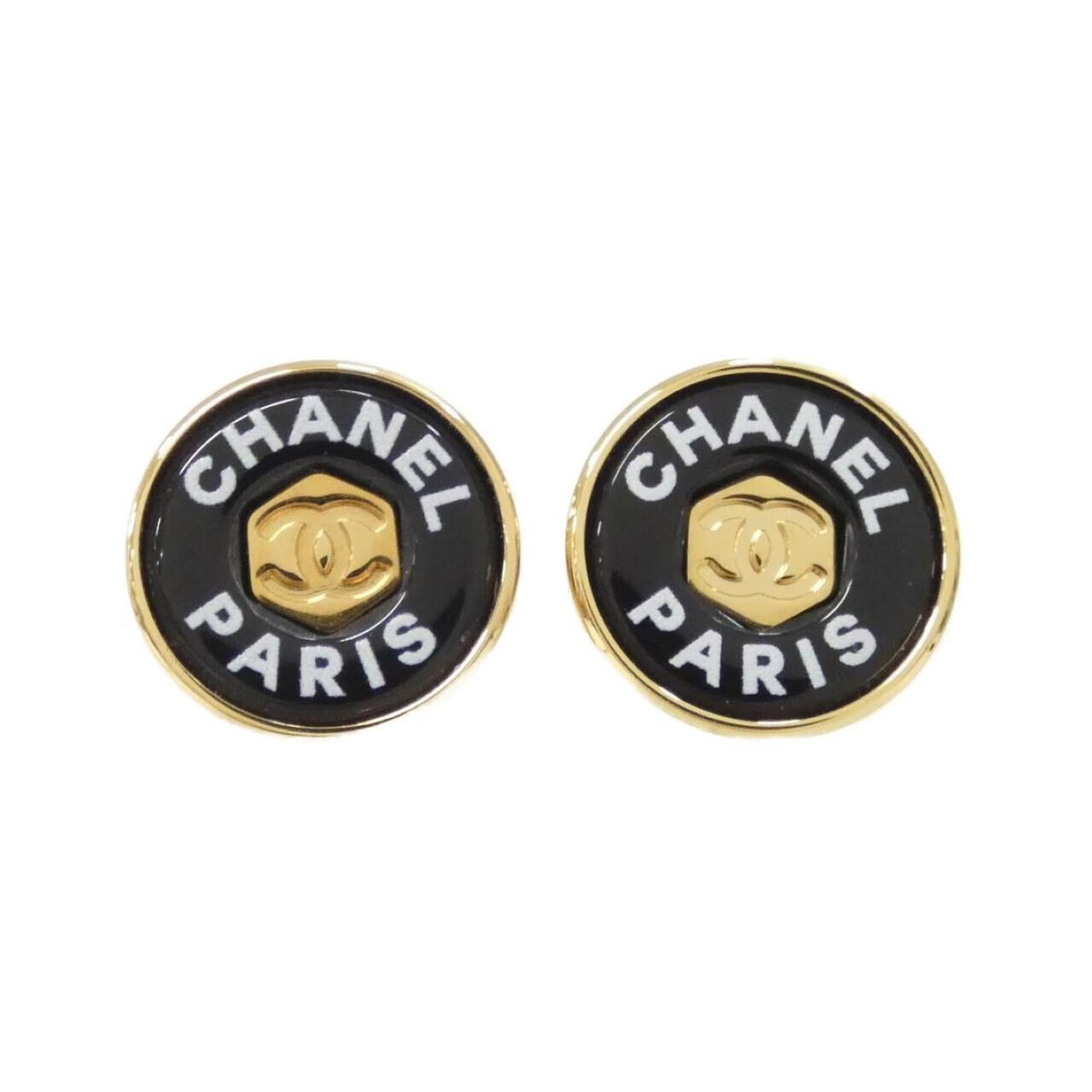 Chanel stud earrings: Chanel stud earrings Black, gold, and white stud earrings from the iconic Chanel brand, featuring a sleek and timeless design. Made with precise dimensions of 13.00mm x 13.00mm, these earrings showcas