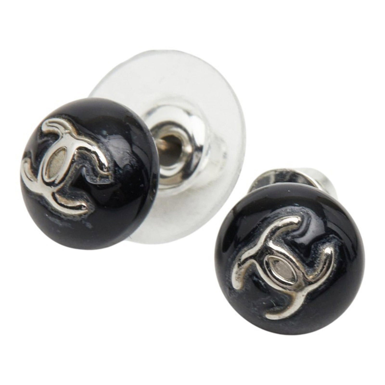 Metal Plastic stud earrings by Chanel: Metal Plastic stud earrings by Chanel Metal Plastic stud earrings by Chanel, featuring a sleek black and silver design. Made from metal and plastic, these stud earrings measure 7.80mm x 7.80mm x 10.00