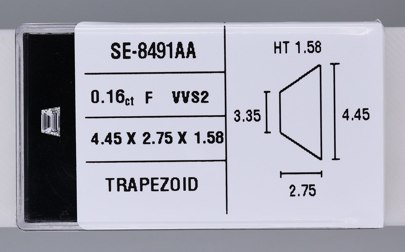 Trapezoid 0.16ct F VVS2 - Loose Natural Diamond: Trapezoid 0.16ct F VVS2 - Loose Natural Diamond Trapezoid cut diamond with exceptional clarity and polish, boasting a vibrant F color. Measuring 4.45L x 2.75W x 1.58H, this natural gemstone is a rare