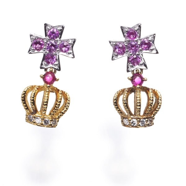Kasahara Masumi Earrings Pink Sapphire Ruby Diamond Cross Crown 18K Yg/ Wg: Kasahara Masumi Earrings Pink Sapphire Ruby Diamond Cross Crown 18K Yg/ Wg Kasahara Masumi's Earrings showcase a striking combination of pink sapphire, ruby, and diamond in a multi-tone gold setting. 