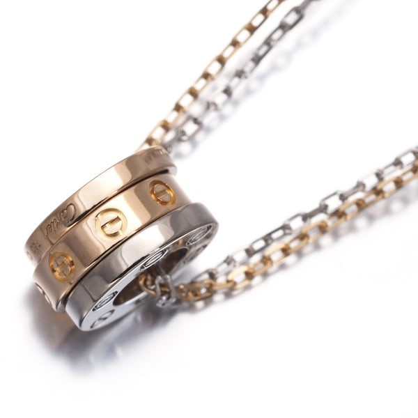 Cartier Necklace Diamond Love 3Hoop 18K 750 Yellow White Rose Gold: Cartier Necklace Diamond Love 3Hoop 18K 750 Yellow White Rose Gold 18k Yellow Gold, White Gold and Rose Gold Multi-Tone Pendant Features Two Natural Diamonds Set in an 18k Yellow Gold, 18k White Gold,