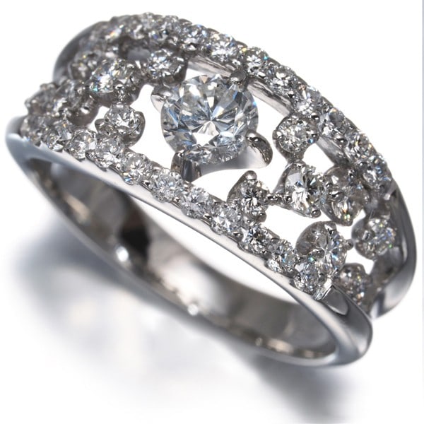 Diamond 0.33Ct/ 0.61Ct Openwork Ring 900 Platinum: Diamond 0.33Ct/ 0.61Ct Openwork Ring 900 Platinum 900 Platinum Diamond Openwork Ring features a stunning natural diamond centre stone weighing approximately 0.33ct, surrounded by two side stones