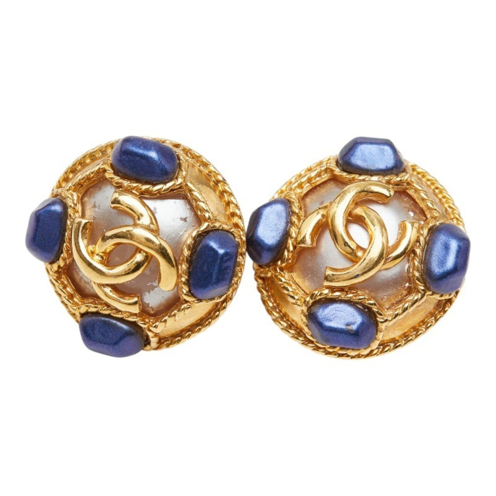 Coco Chanel Mark Vintage Round Earrings 95A Gold Stamp Blue Plated Faux Pearl For Women (1 of 5)