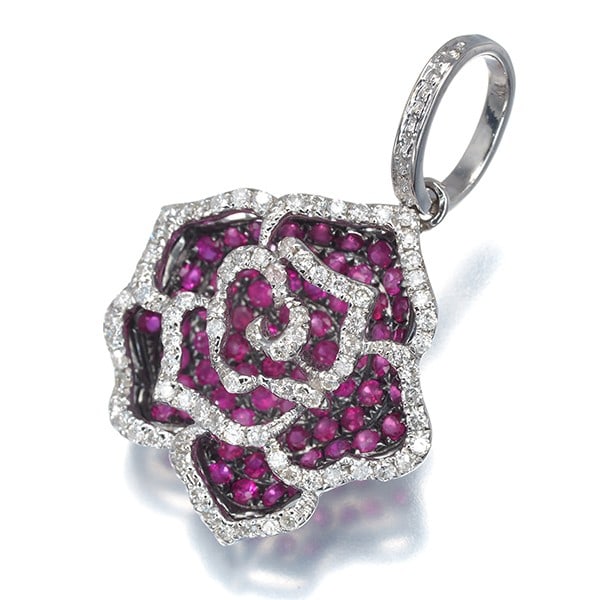 Ruby 0.75Ct Diamond 0.30Ct Rose Flower Pendant 18K 750 White Gold: Ruby 0.75Ct Diamond 0.30Ct Rose Flower Pendant 18K 750 White Gold 18k white gold pendant features a stunning ruby, weighing 0.75ct, surrounded by a delicate rose flower design. The accompanying diamon