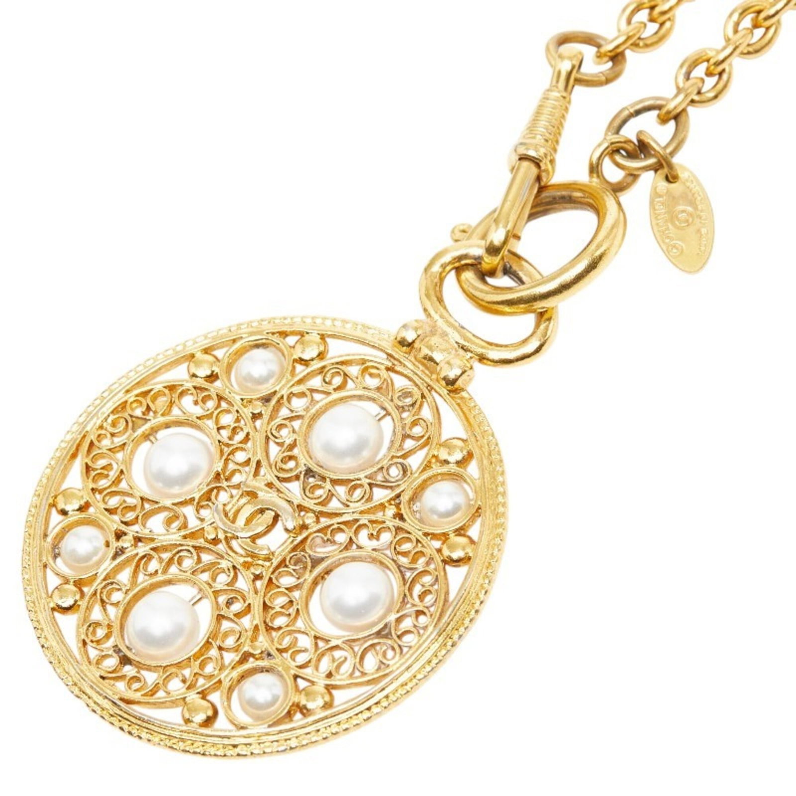 Women's Chanel Coco Gold Faux Pearl Necklace Pendant Long Mark Chain: Women's Chanel Coco Gold Faux Pearl Necklace Pendant Long Mark Chain Chanel's Coco Gold Faux Pearl Necklace Pendant Long Mark Chain boasts a striking gold finish, adorned with high-quality faux pearls