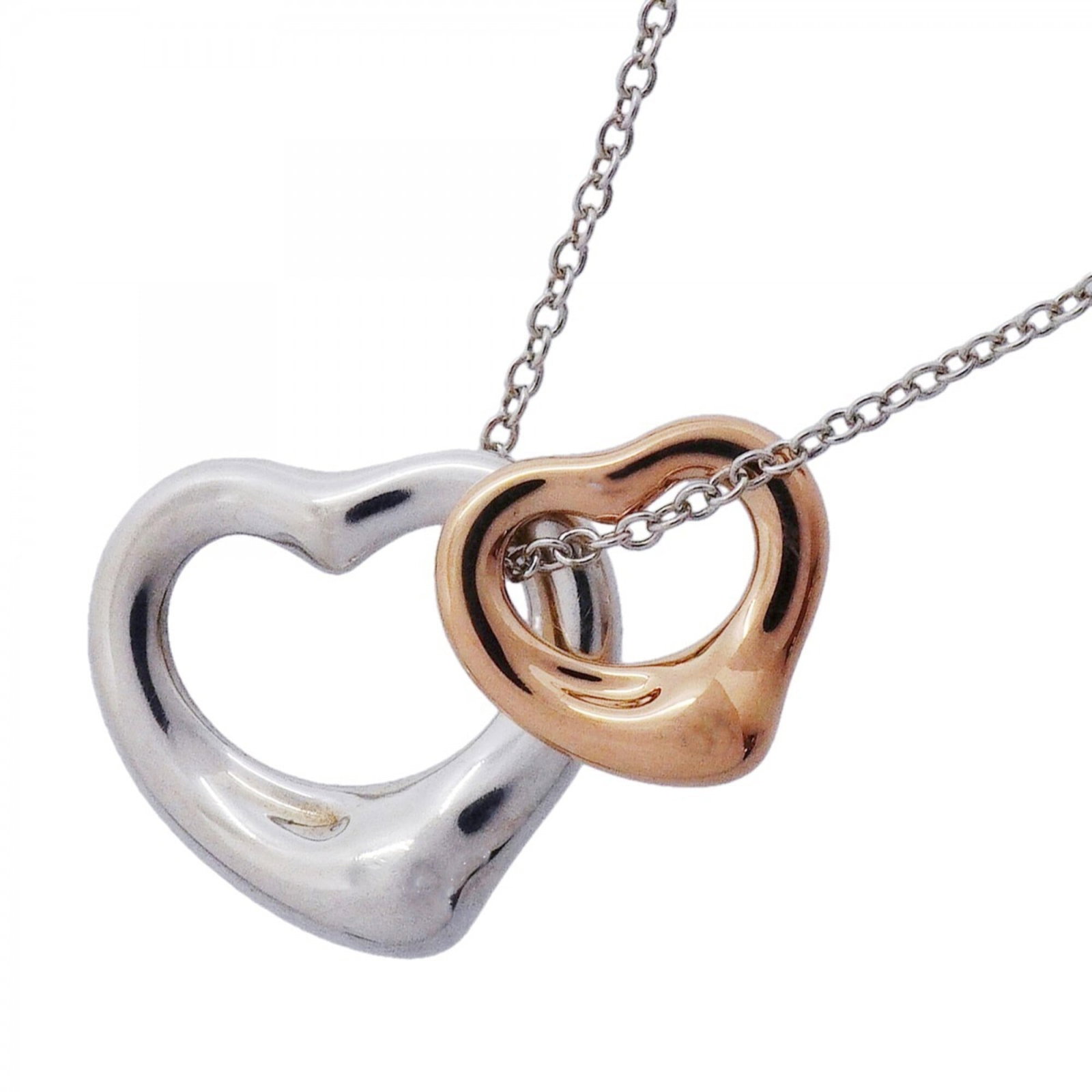 Pink Gold Sterling Silver Tiffany Women's 925 Double Heart 18K Necklace: Pink Gold Sterling Silver Tiffany Women's 925 Double Heart 18K Necklace Pink gold (18K) and sterling silver Tiffany necklace with a beautiful double heart pendant, measuring 14.2mm x 15.9mm, suspended