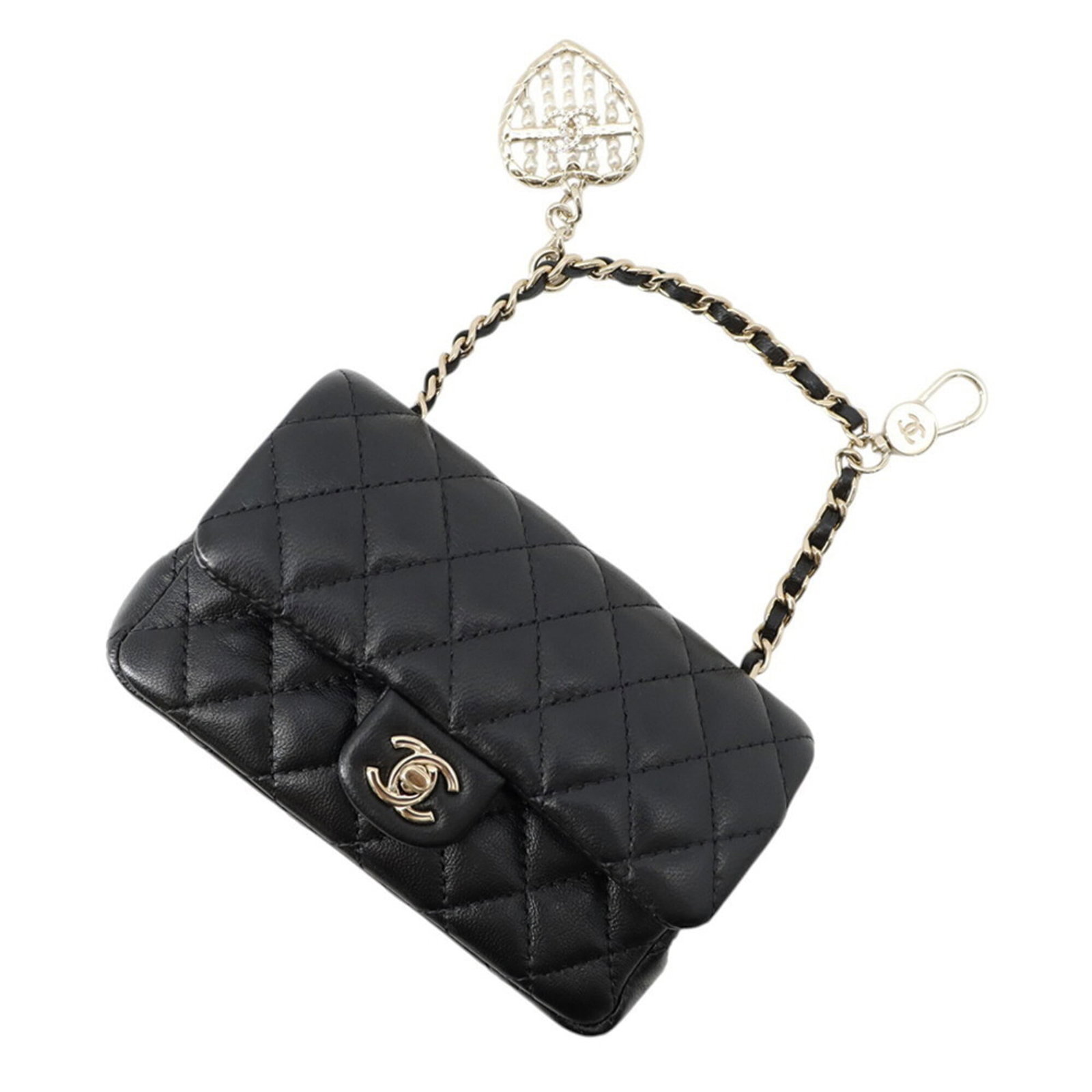 Handbag Charm Chanel Rhinestone: Handbag Charm Chanel Rhinestone The Chanel Rhinestone handbag charm boasts an elegant design, featuring black and champagne gold hues. Made from high-quality rhinestones, its sleek 7.50mm x 12.00mm x 