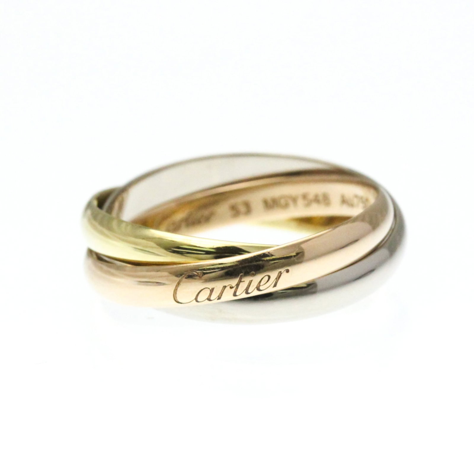 Pink Gold 18K Cartier Band Ring Yellow White: Pink Gold 18K Cartier Band Ring Yellow White Pink gold, white gold, and yellow gold come together in this elegant Cartier band ring, crafted from 18K metal. The subtle combination of these precious me