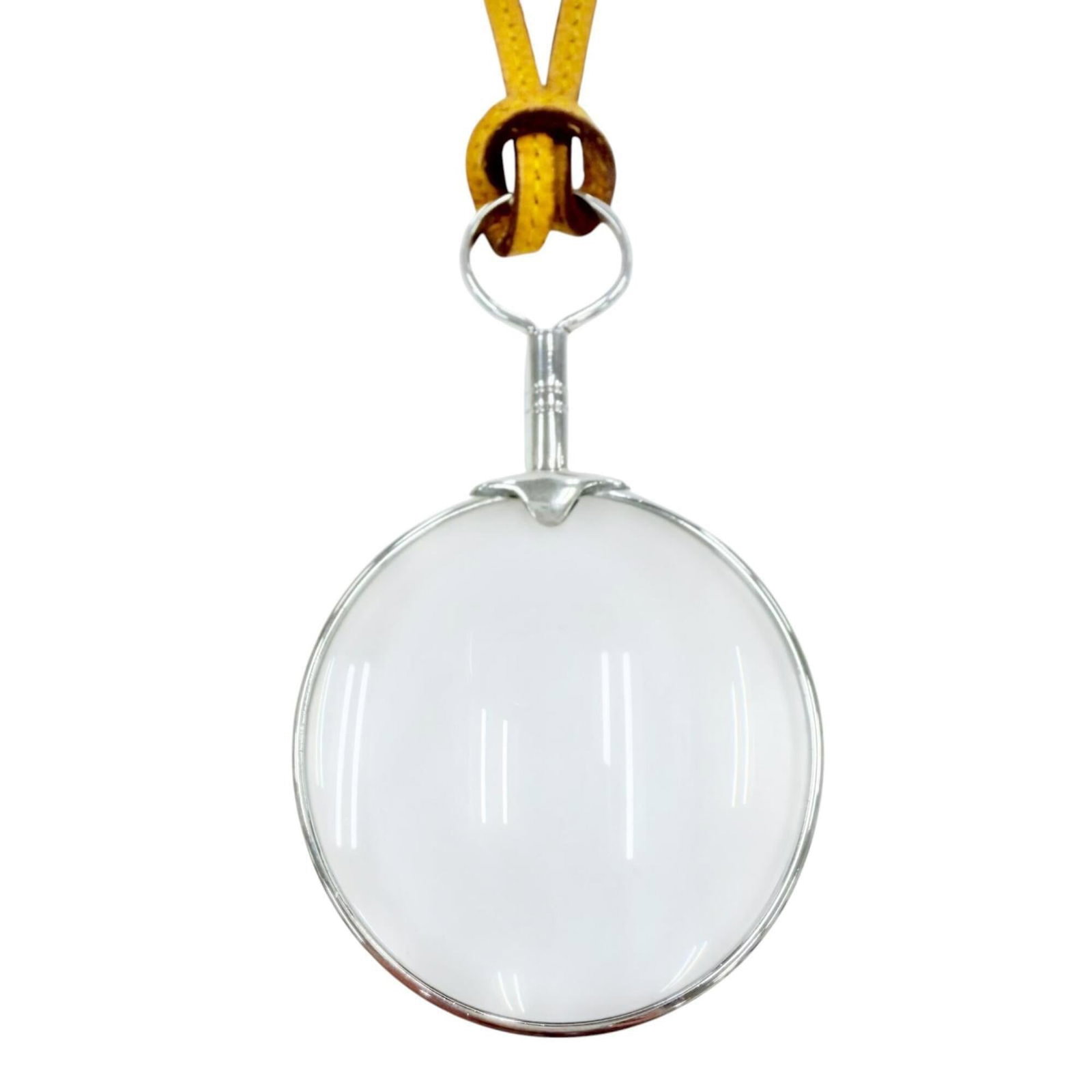 Hermes 925 Leather Strap Magnifying Glass Necklace Silver/ Yellow Made In France Total Weight 44.8G (1 of 10)
