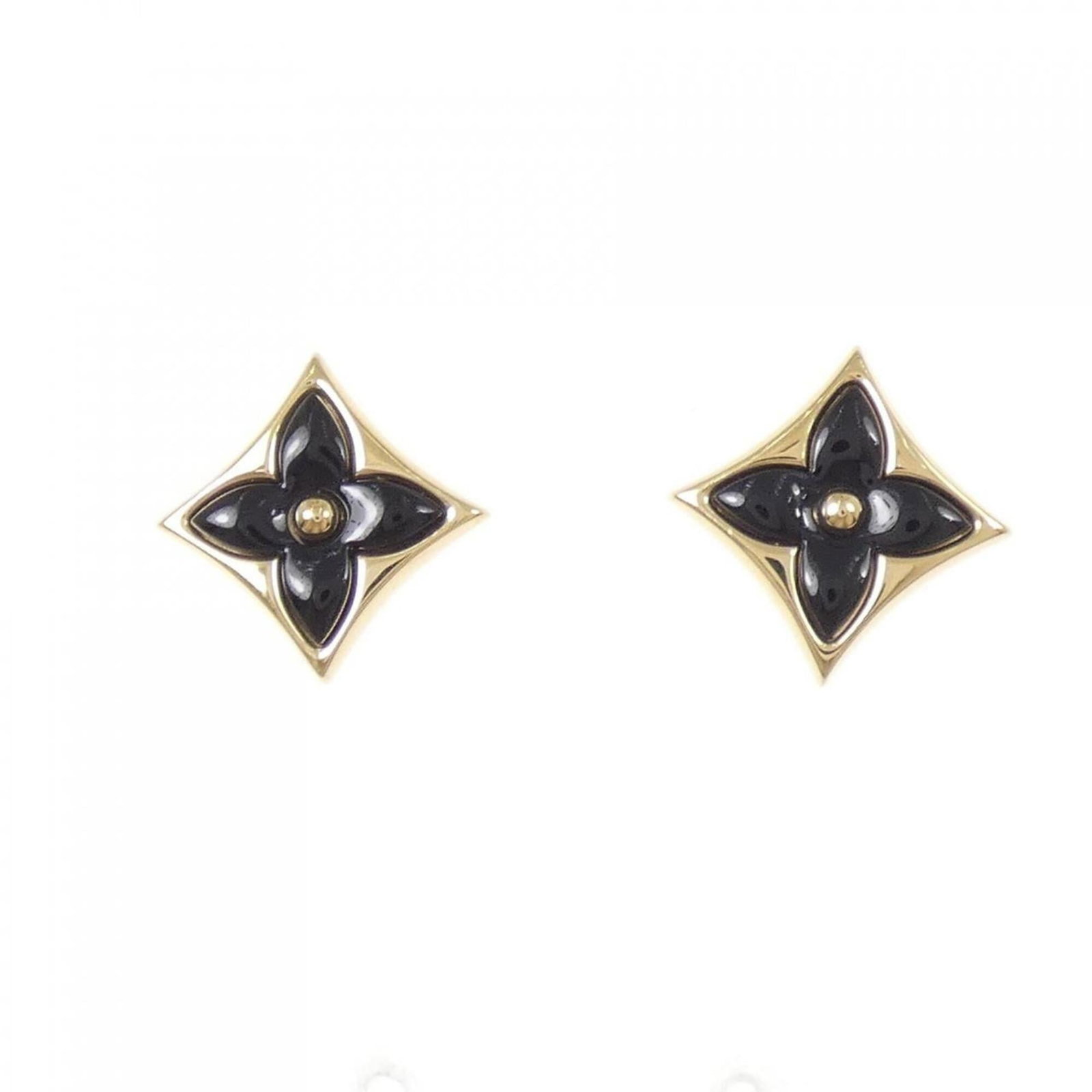 Louis Vuitton Stud Earrings Yellow Gold (18K): Louis Vuitton Stud Earrings Yellow Gold (18K) Yellow gold (18K) stud earrings from Louis Vuitton, featuring onyx stones with dimensions 13.70mm x 13.70mm / 0.54'' x 0.54''. The earrings are crafted in
