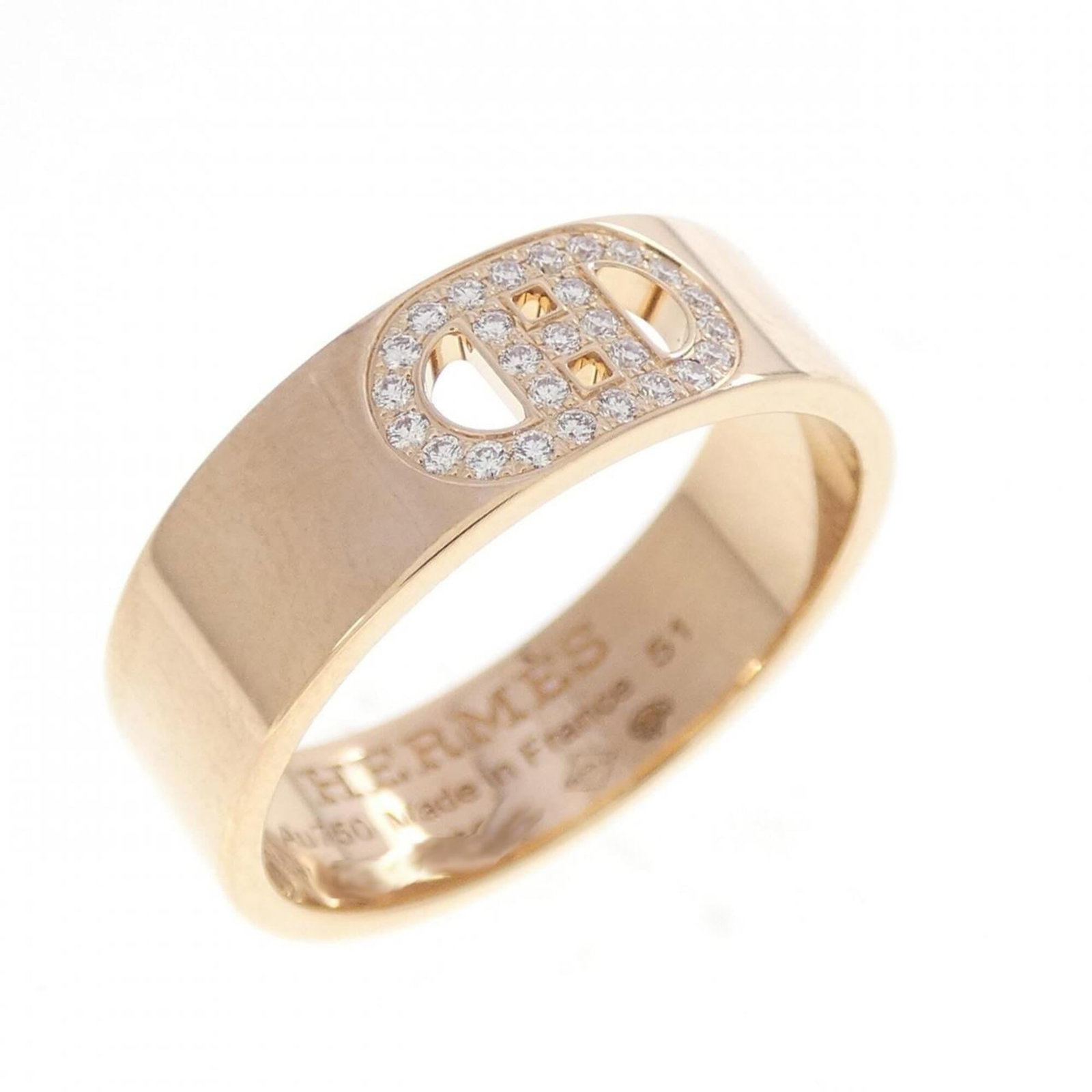 Pink Gold 18K Ring Band Hermes: Pink Gold 18K Ring Band Hermes Pink gold 18K ring band from Hermes, featuring diamond stone and available in size 6 US. This elegant piece boasts the iconic brand's signature style with a touch of fem
