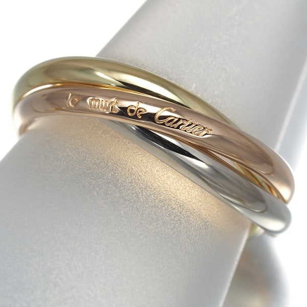 Cartier 3Color Trinity Ring Gold 750 Eu49 Yellow White Rose: Cartier 3Color Trinity Ring Gold 750 Eu49 Yellow White Rose Cartier's 3Color Trinity Ring showcases its iconic multi-tone design, expertly combining yellow, white, and rose gold in a harmonious blend.