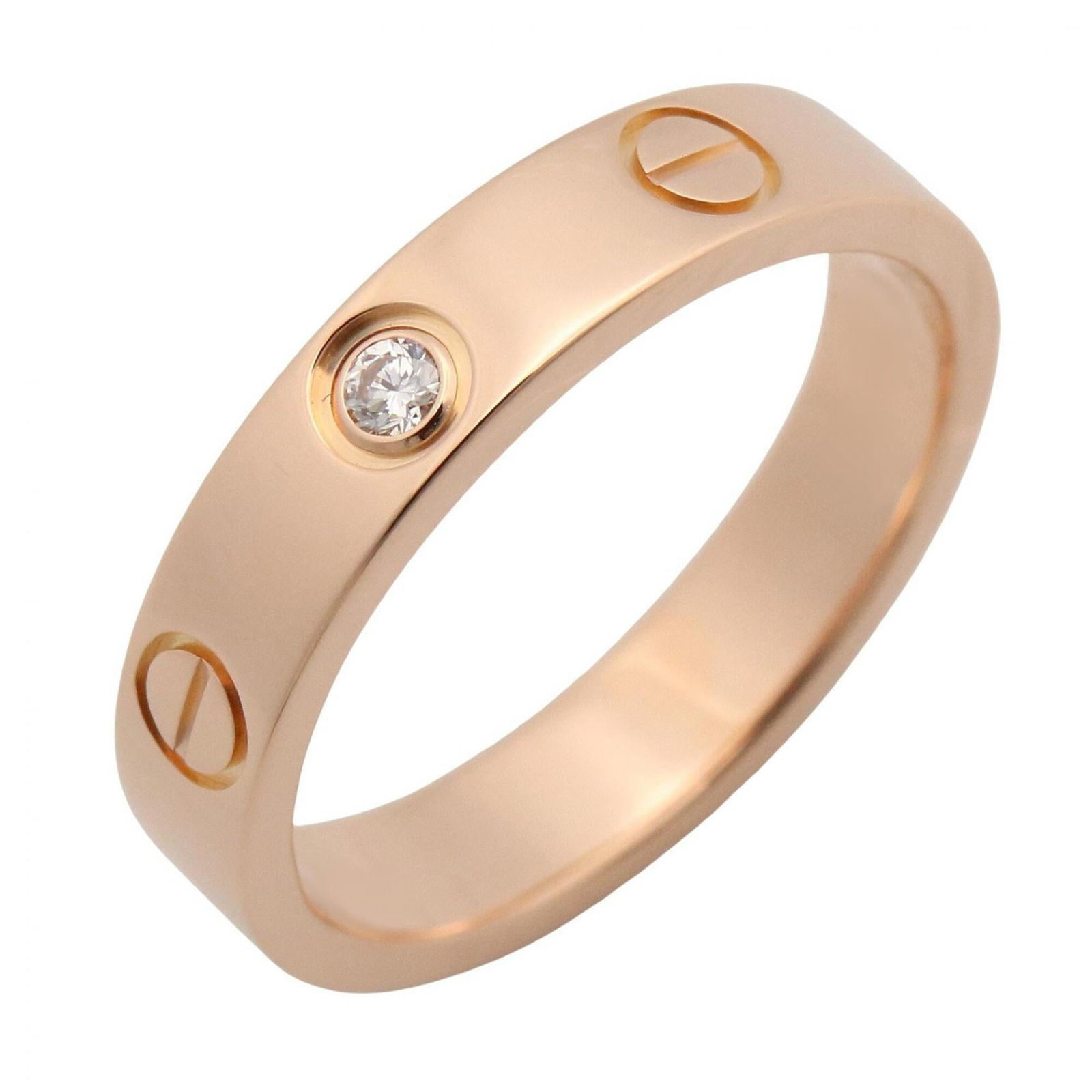 Pink Gold Cartier Band Ring 18K: Pink Gold Cartier Band Ring 18K Pink Gold Cartier Band Ring 18K features a clear, pink gold (18K) band with a diamond stone. This 18K pink gold ring is available in US size 4.5 and bears the signature