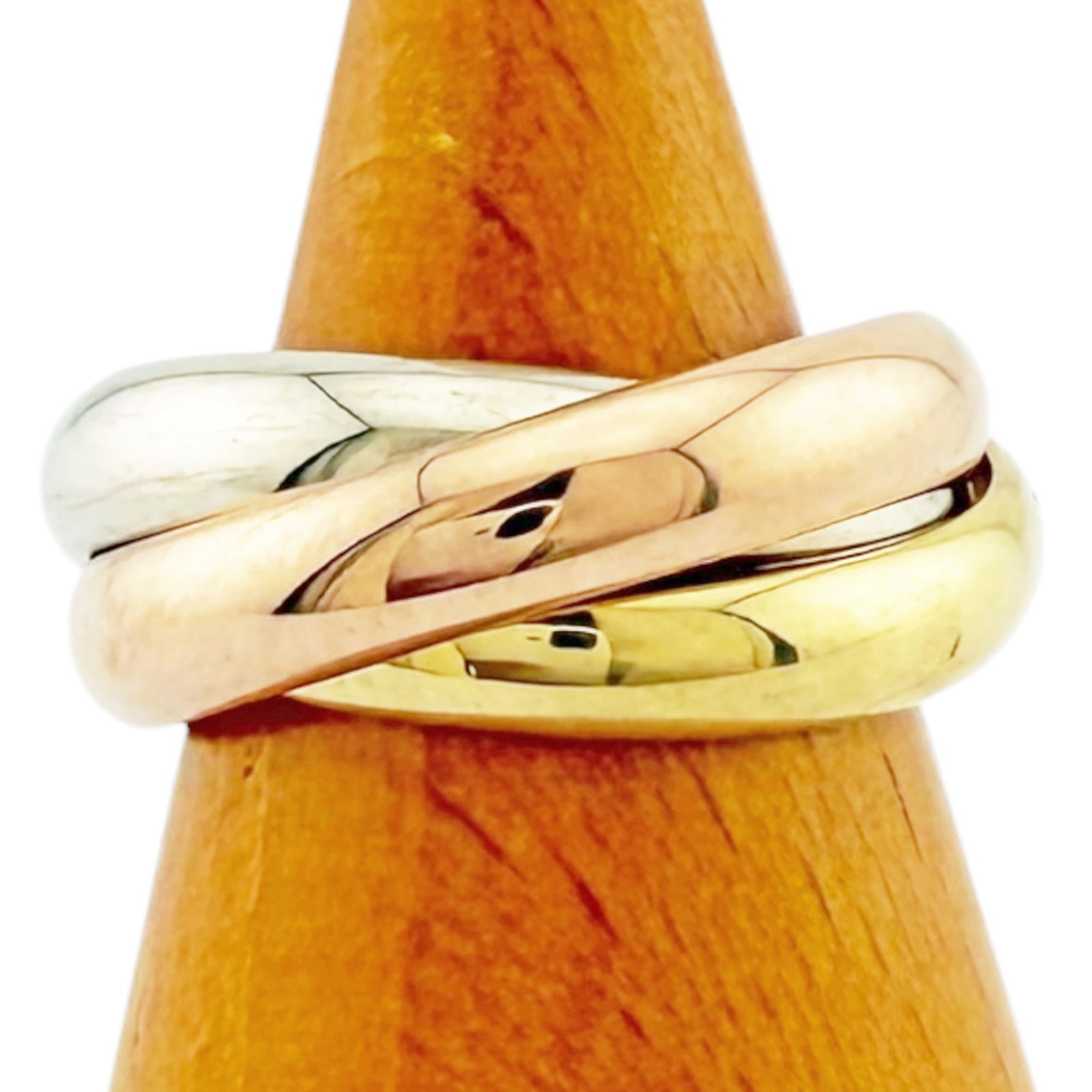 Pink Gold 18K Cartier Band Ring Yellow White: Pink Gold 18K Cartier Band Ring Yellow White Pink gold (18K) Cartier band ring with white and yellow gold accents, bearing the signature of its creator. This handmade piece weighs 11.6g and features a