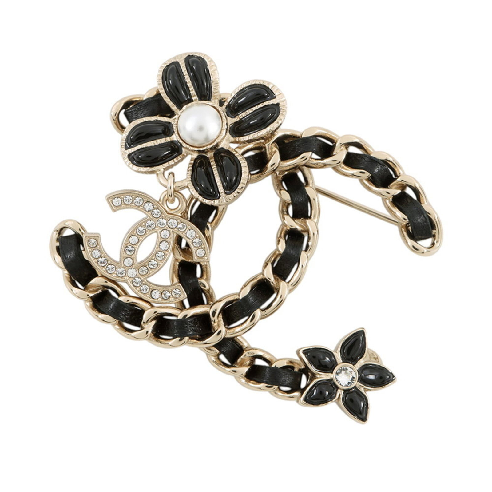 Rhinestone Brooch by Chanel: Rhinestone Brooch by Chanel Rhinestone Brooch by Chanel features intricate rhinestones in black, set against a sleek design. The brooch measures 4cm x 5cm and is made from the material specified.
