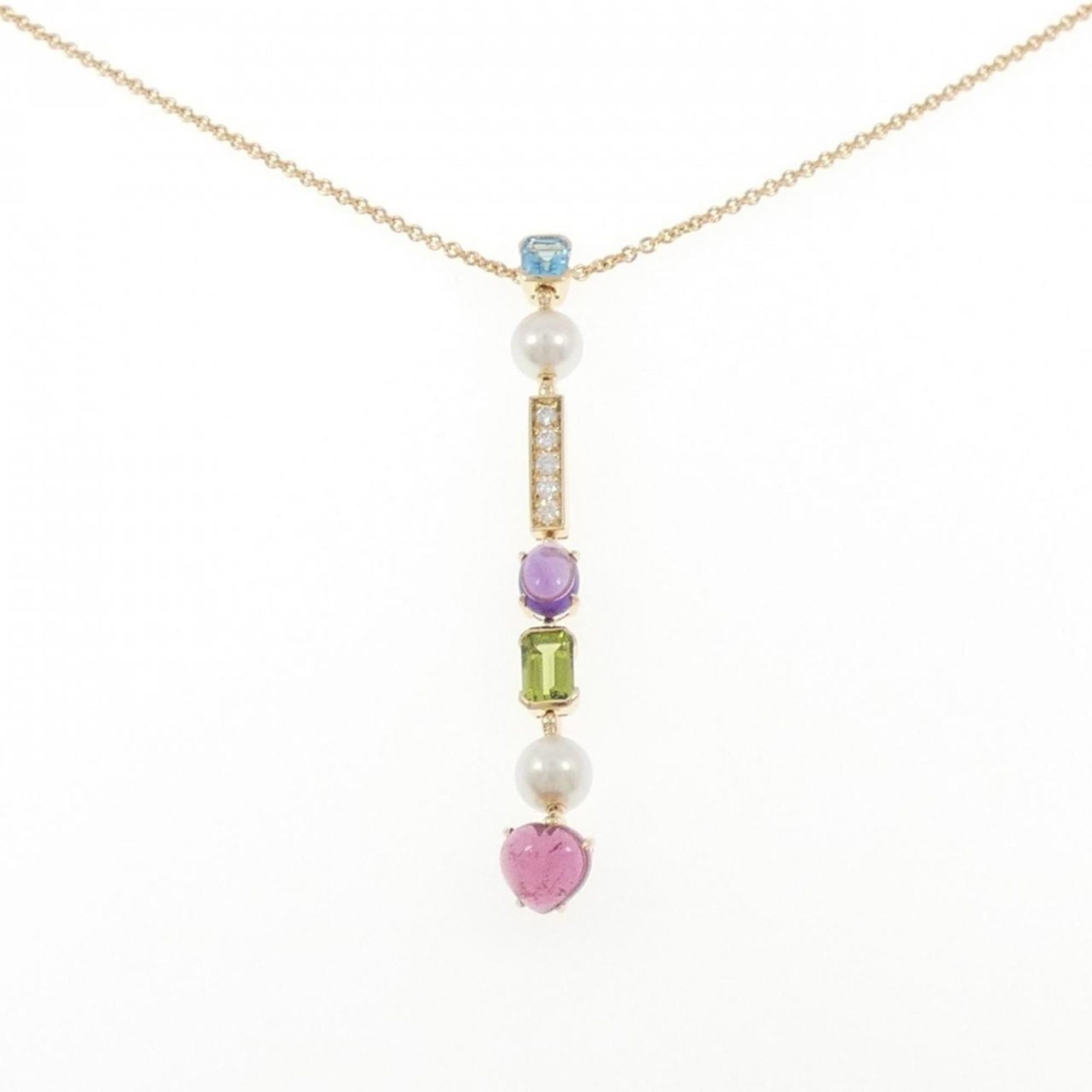 Bvlgari Allegra Necklace: Bvlgari Allegra Necklace Yellow gold (18K) pendant features a unique combination of Amethyst, Diamond, Peridot, Topaz, and Tourmaline stones. The 71.5mm x 8.9mm pendant is set in a sturdy 16g chain wi