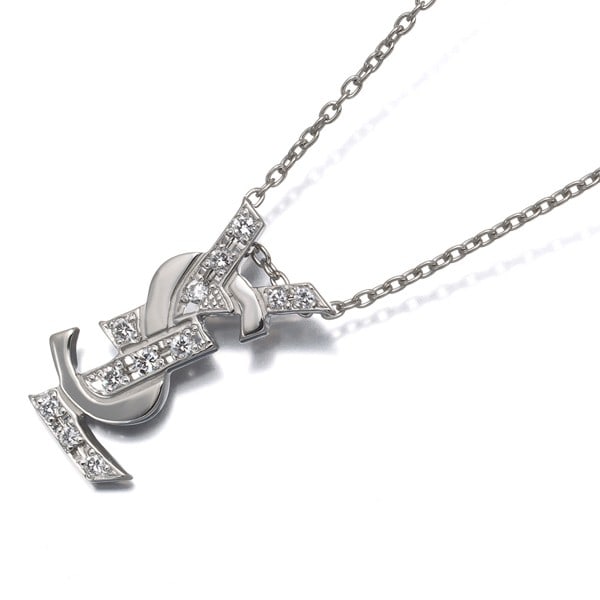 Yves Saint Laurent Necklace Diamond 0.11Ct Ysl Logo 900 850 Platinum: Yves Saint Laurent Necklace Diamond 0.11Ct Ysl Logo 900 850 Platinum 900/850 platinum YSL logo pendant necklace features a natural diamond, totaling 0.11ct, suspended from a 36-40cm chain. The pendant