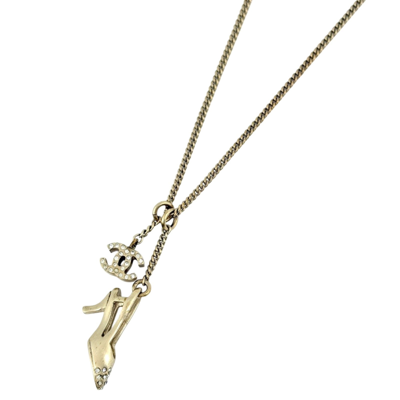 Chanel Coco Rhinestone Necklace High Heel Gold Women's: Chanel Coco Rhinestone Necklace High Heel Gold Women's Chanel's iconic Coco Rhinestone Necklace shines in high gold plating, adorned with rhinestones. This elegant necklace boasts a sleek design and